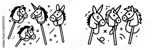 Set of black and white hobby horse icons including a unicorn and donkey in a simple line art style for children's toys