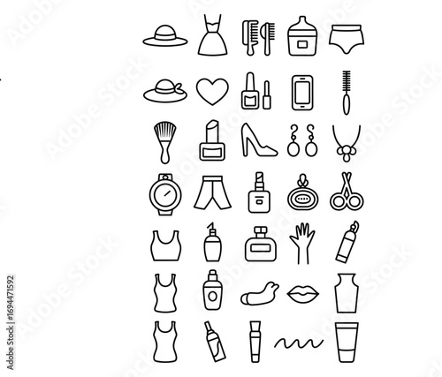 Collection of Woman Fashion Beauty and Personal Care Icons in Outline Style Keywords: woman, fashion, beauty, personal care