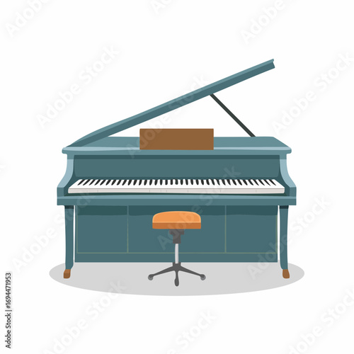 Elegant teal grand piano with adjustable stool ready for performance or practice, evoking musical artistry