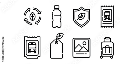 Eco-friendly and travel icons including recycling bottle shield ticket train tag and suitcase arrows