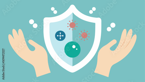 Care and Protection Illustrate hands holding a shield decorated with exosome symbols to convey the protection and defense that the cream provides against aging factors.
