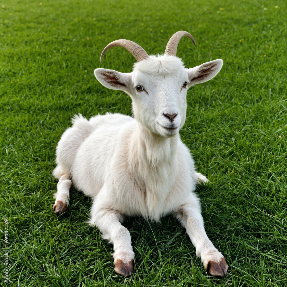 Obraz premium Photo Adorable Fluffy goat Resting in Green Grass