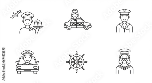 Line drawings of pilot with drinks, taxi driver, chauffeur, car driver, ship wheel and sailor icon vreated with genrated ai
