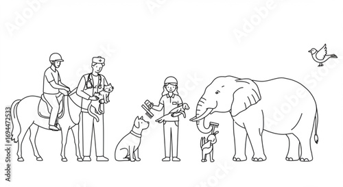 Veterinarian team with horse, cat, dog, and elephant in a line with a bird flying in the background vreated with genrated ai