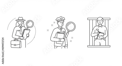 Three line art drawings depict a detective a police officer and a prisoner with notepad and pen vreated with genrated ai