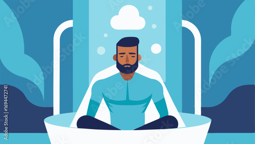 Chilled Wellness Room An athlete sitting comfortably in a cryotherapy chamber with visible ice crystals around and steam rising showcasing the cooling effect.