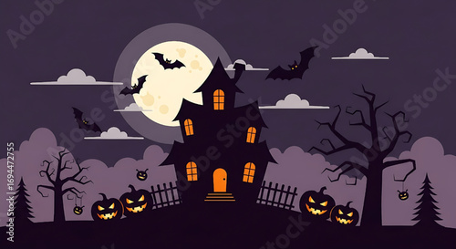 Spooky Halloween Night Scene with Haunted House, Bats, Pumpkins, and Full Moon