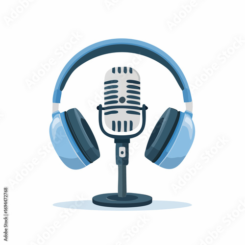 Dynamic podcast setup with professional microphone and crisp blue headphones creates engaging audio experiences