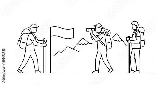 Three hikers with backpacks and trekking poles reaching a flag and taking photos of mountains vreated with genrated ai