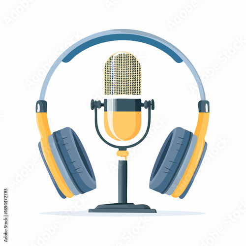 Professional podcast studio setup with vintage microphone and modern headphones ready for broadcast