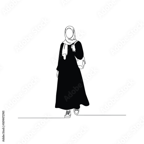 Stylish Muslim Woman Walking Line Art Hijab Fashion Illustration Black and White Minimalist Graphic