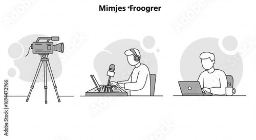 Three illustrations showing a camera on a tripod, a person podcasting, and a person working on a laptop vreated with genrated ai