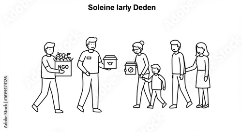People receiving food donations from ngo volunteers in a line art style monochrome illustration vreated with genrated ai