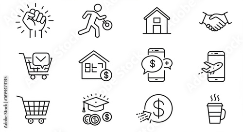 Collection of twelve line art icons depicting business, finance, travel, and everyday life concepts vreated with genrated ai