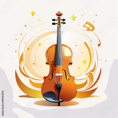 Stunning violin centerpiece radiating vibrant musical energy with golden stars and flowing abstract shapes