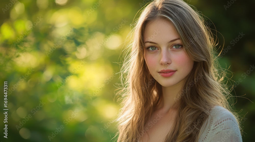 Naklejka premium A beautiful portrait of a young woman with long hair, in soft, warm lighting.