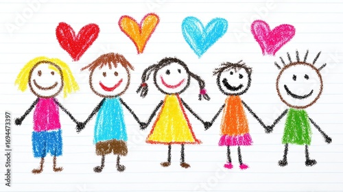 Children holding hands on a lined paper with hearts above them.