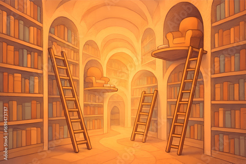 Surreal Library with Floating Platforms Ladders and Tall Bookshelves