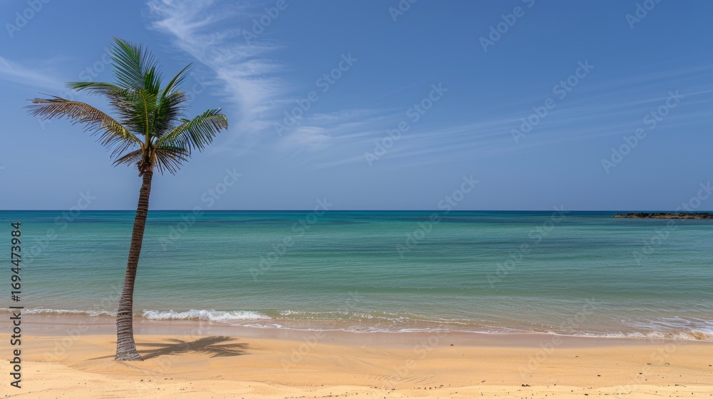 Obraz premium Lone palm tree on small golden sandy island surrounded by crystal clear turquoise waters