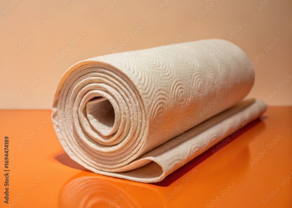 Fototapeta premium Softly fallen roll of white paper towels on a blue background with gentle folds and creases