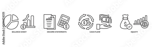Financial statement icon set illustration concept with icon of income statement, balance sheet, cash flow, equity