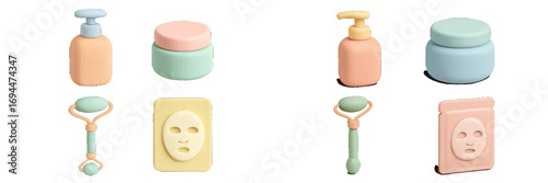Minimalist cosmetic product set in soft pastel colors featuring a pump bottle, moisturizer cream, facial roller, and sheet mask package