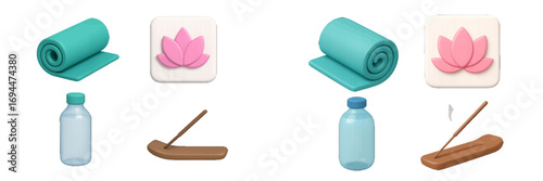 Collection of wellness and meditation essentials including a rolled yoga mat, lotus flower icon, water bottle, and burning incense stick