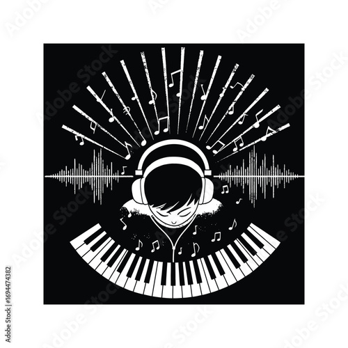 Music lover listening to music with headphones piano keys and musical notes illustration