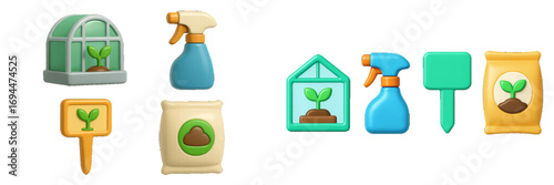 Realistic gardening icon set with a small greenhouse, spray bottle, bag of soil, and plant marker for planting and growing seedlings