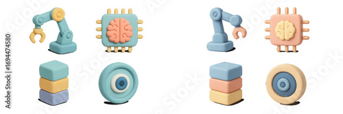 Set of 3D icons with a soft plasticine style representing artificial intelligence, machine learning, robotics, and data concepts isolated on a white background