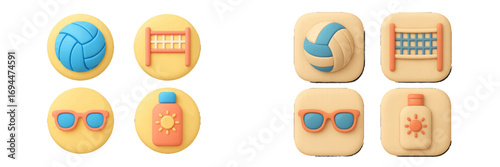 Set of 3D summer beach vacation icons including a volleyball, sunglasses, and sunscreen for mobile application and website user interface design
