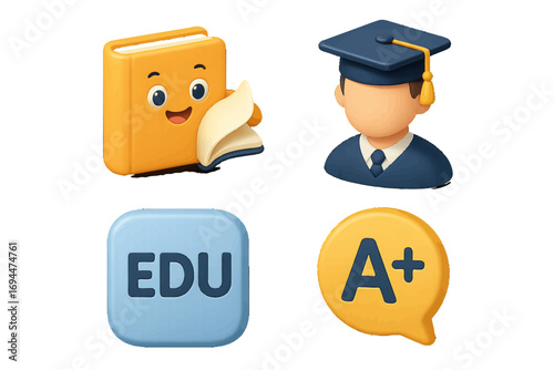3D education icon set with graduate student, book character, EDU button, and A+ grade symbol for learning and achievement