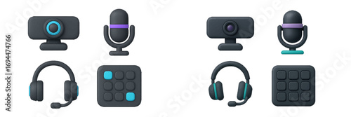 Modern 3D style icon collection of streaming and podcasting equipment with webcam, microphone, headset, and control pad isolated on a white background