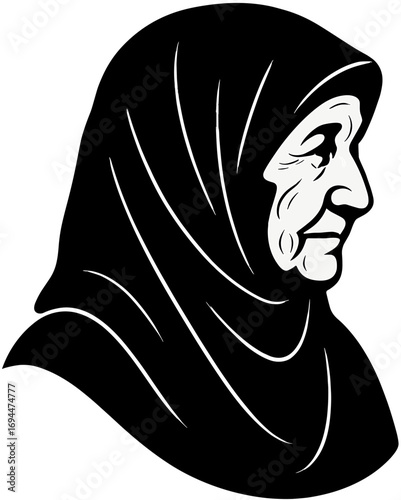 Elderly Muslim Woman Silhouette in Hijab Profile Art