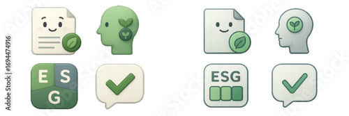 ESG icon set for environmental, social, and governance concepts including sustainability report, green mindset, and corporate responsibility compliance