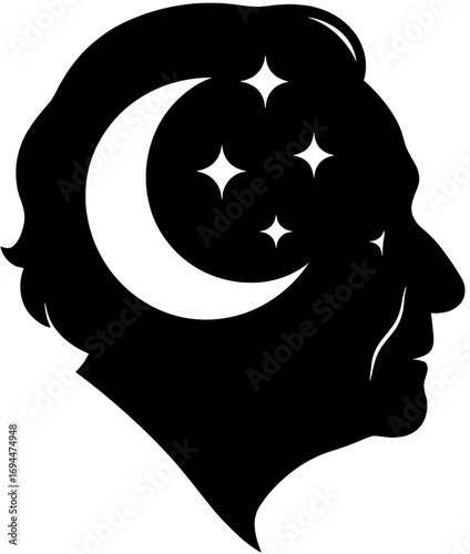Human Head Silhouette with Moon and Stars Cosmic Illustration