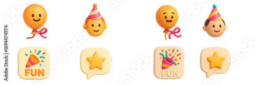 3D party icon set with celebration emoji, fun confetti popper, birthday balloon, and star rating for user interface design
