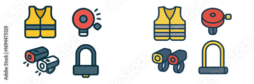 Essential bicycle safety and security equipment icons set with a reflective vest, bicycle bell, lights, and a sturdy U-lock