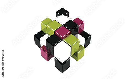 Intricate geometric composition of vibrant colored cubes forming a complex network, representing abstract concepts of unity, technology, and futuristic vision