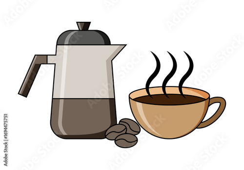 Cafetera con taza de café y granos de café 
