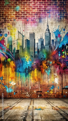 Distressed urban landscape with bold graffiti splashes and abstract grunge texture background