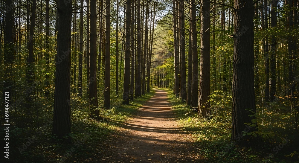 Fototapeta premium Sunlit Forest Path with Autumn Walk.