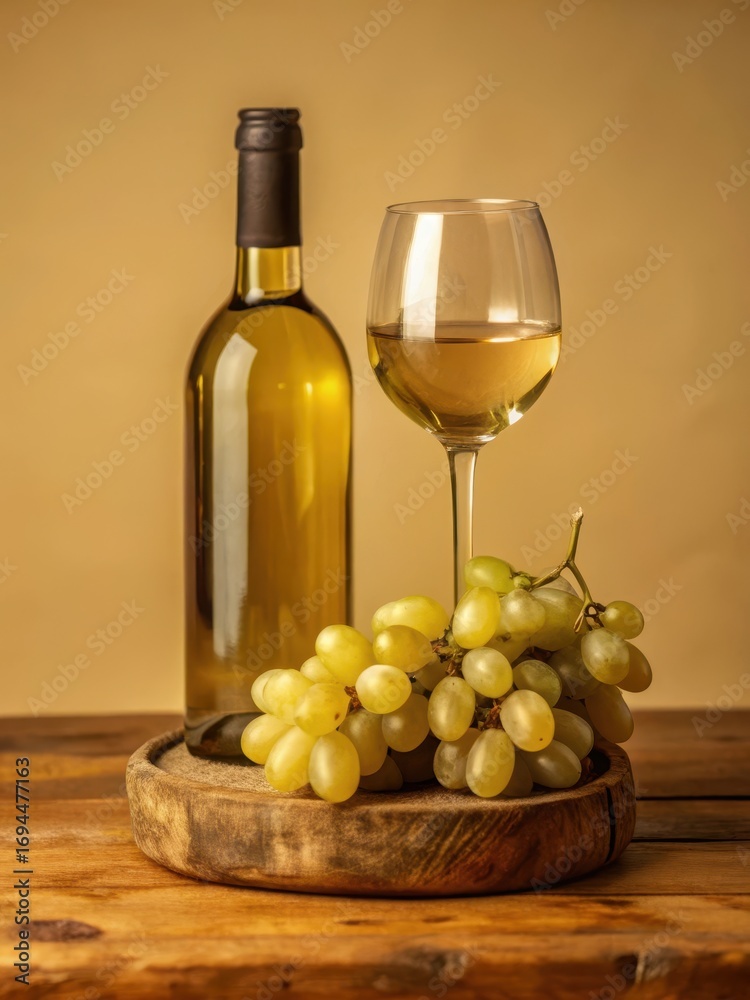 Fototapeta premium Old wine bottle with a white wine glass and a few grapes on beige background