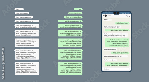 Message template set for smartphone chat or SMS app. Text bubble isolated collection. Mobile app chatting interface mockup.