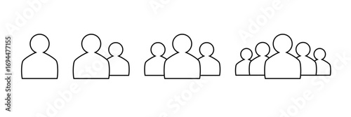 User icon set with single person, pairs and bigger teams. Flat design line art vector simple user silhouettes. Isolated user icons.