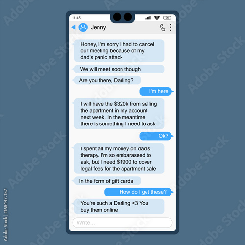 Online romance scam example. Confidence trick fraud requesting money. Mobile app chat screen.