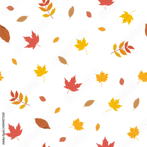 Autumn seamless pattern. Hand drawn cozy autumn leaves theme doodle texture. Autumn colors vector background.