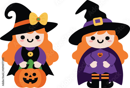 Two Cute Girls in Halloween Witch Costumes with Black Witch Hats