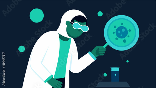 Experimenting Figure A person wearing a white lab coat safety goggles and gloves intently observing a petri dish glowing with bioluminescent bacteria.