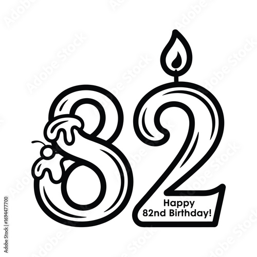 Birthday candle shaped like the number eighty two with a lit flame